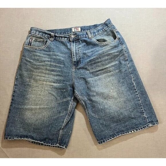 Phat Farm Shorts Mens 38 Blue Denim Embriodered Flap Pocketed Zip Men 38x12. - Picture 1 of 13